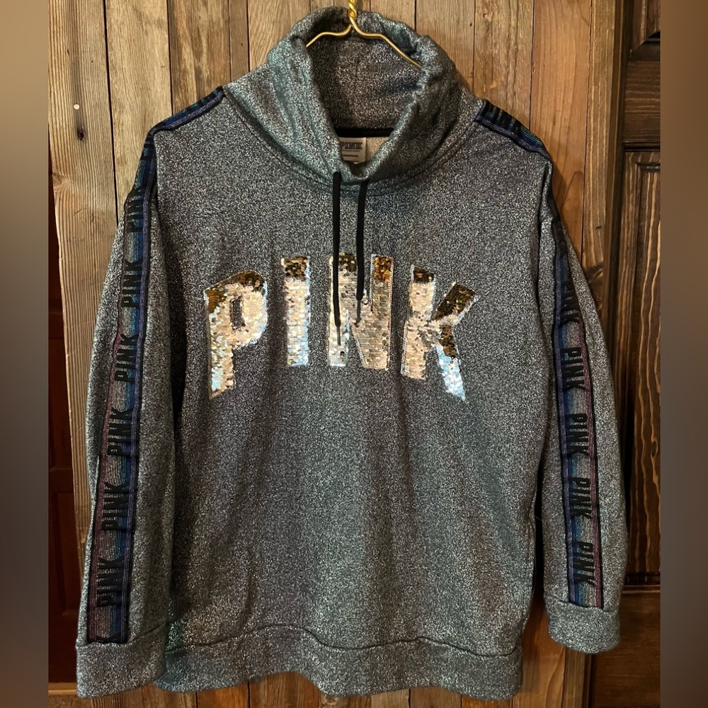Victoria's Secret Pink Bling Campus Cowl Neck Rainbow Flip Sequins Sz S